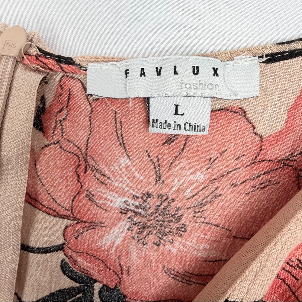 FAVLUX Tan Floral Mini Dress with Red and White Accents, Women’s Large - Picture 3 of 10